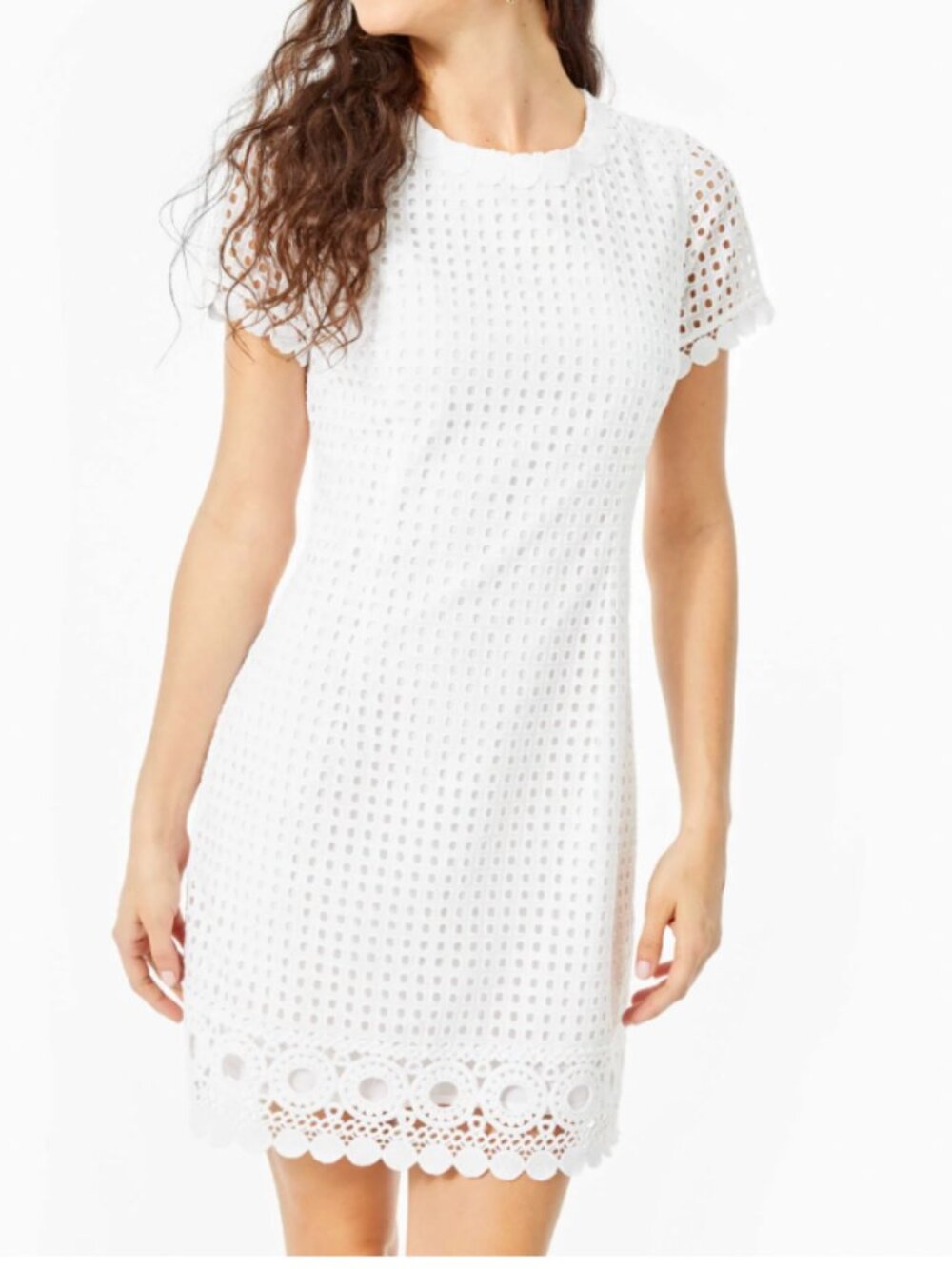 LILY PULITZER Jennifer Lace Trim Shift Dress Resort White Grid Eyelet Sz 4